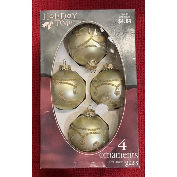 4 Vtg Holiday Time by Rauch Round Satin Lt Green Glass Ornaments w/Glitter Decor - Picture 2 of 3